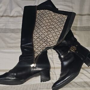 Tory Burch Black Heeled Boots with Gold Accents